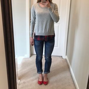 Gray sweater with plaid shirttail